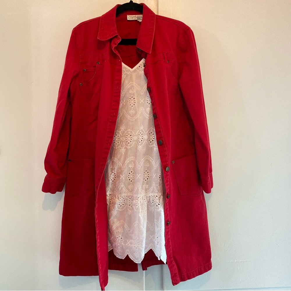 Vtg Newport News Jeanology Long Red Button-Front Denim Coat Dress Patriotic 12 - Picture 4 of 12